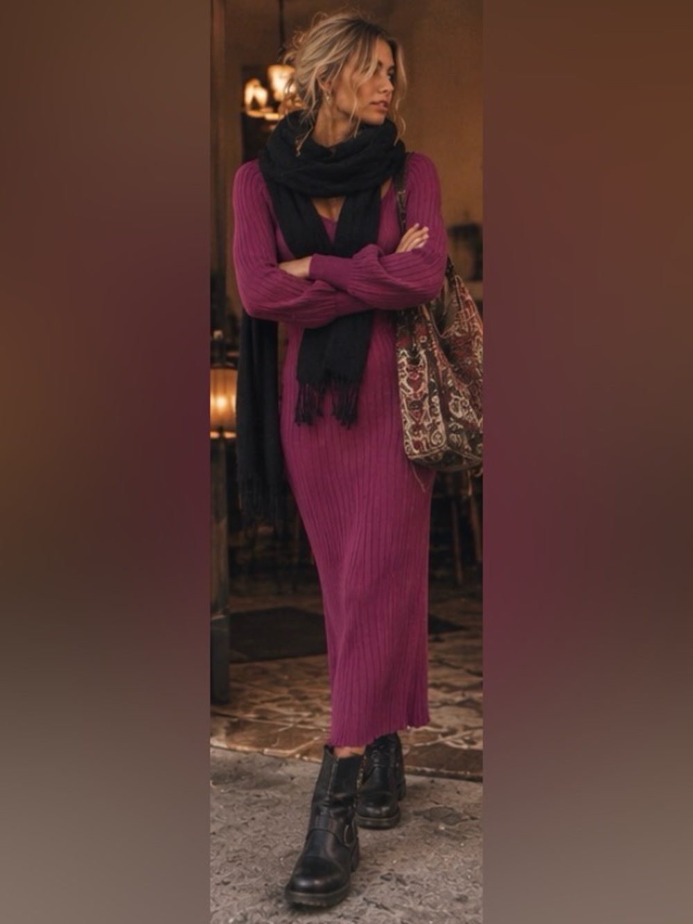 Free People Ribbed Knit Maxi Dress Magenta Purple Long Sleeve